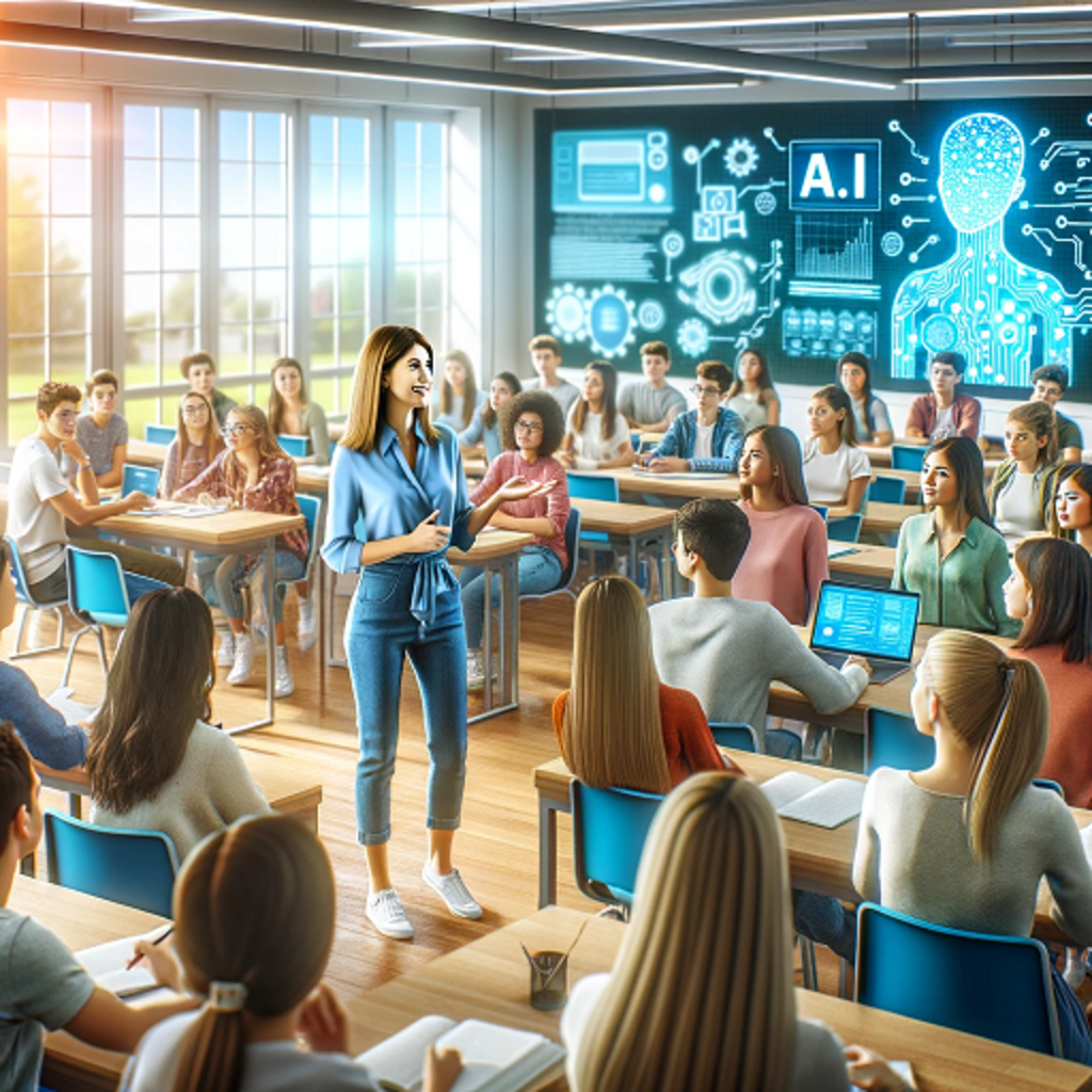 DALL·E 2023-11-14 12.30.02 – A vibrant and optimistic classroom scene showing a female teacher enthusiastically explaining the use of artificial intelligence in education to a lar